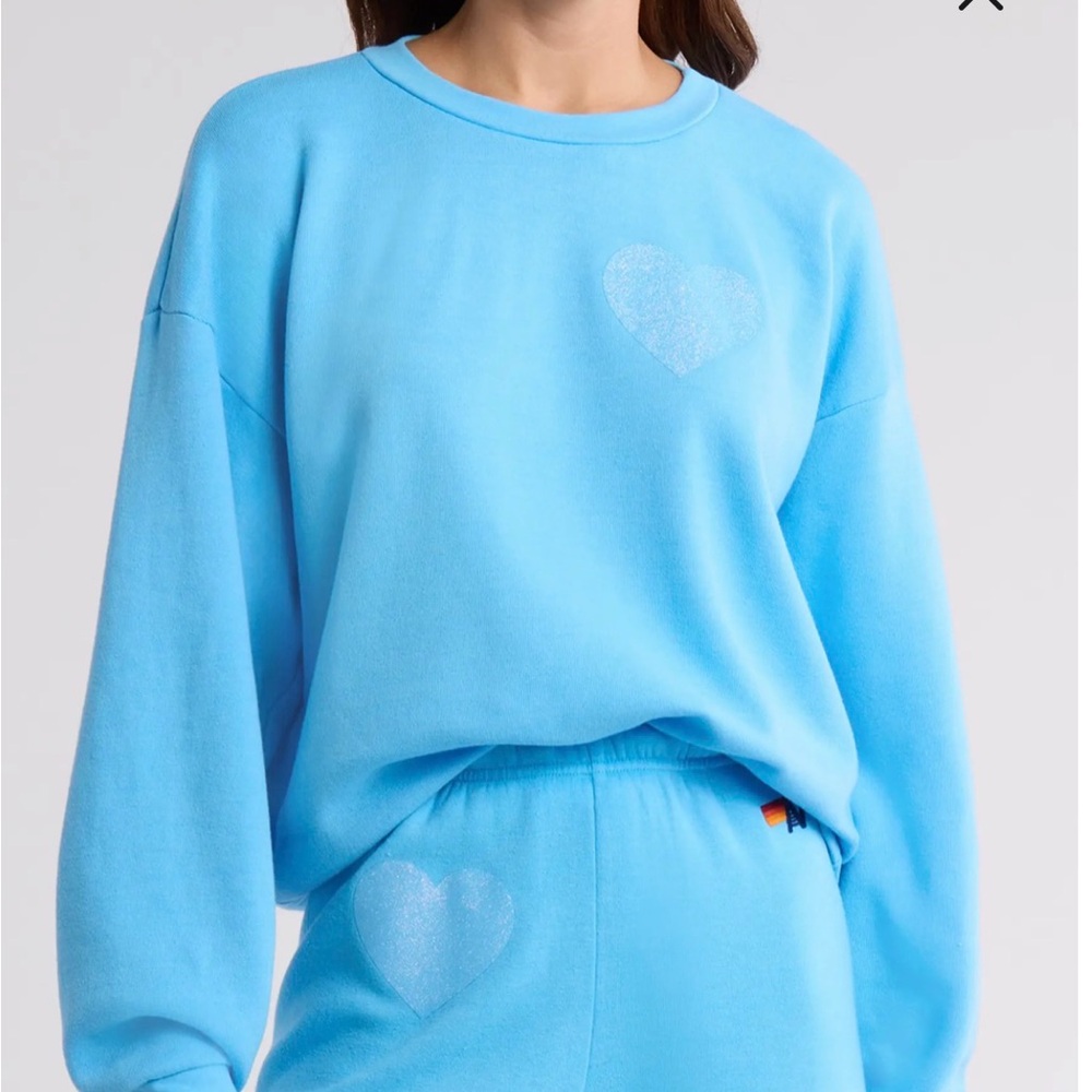 Aviator Nation Light Blue Glitter Heart Relaxed Sweatshirt